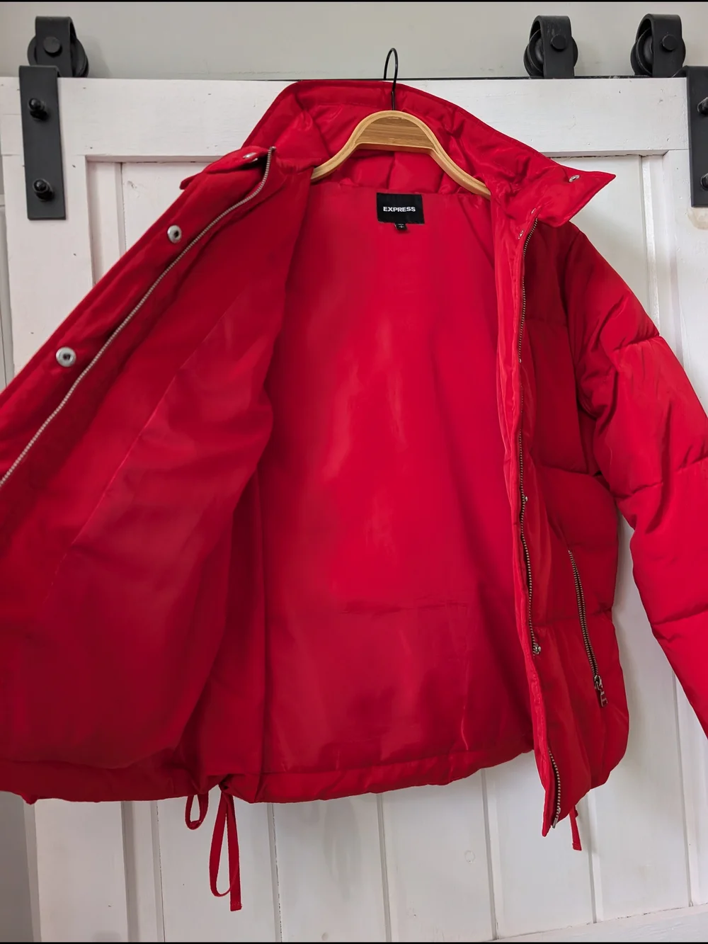EXPRESS Red Puffer Jacket Hooded with Lace-Up Sides | Size